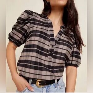 Nation Ltd puff sleeve gray/black top. M